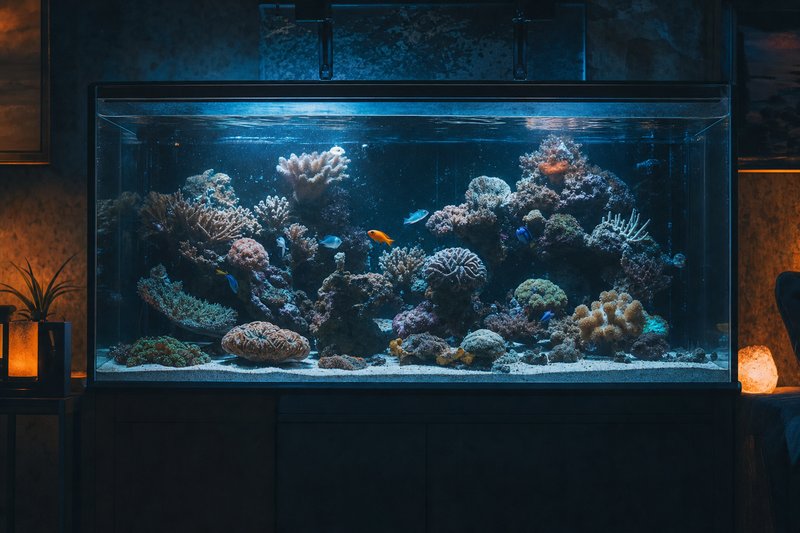 Meerwasseraquarium mit Lebendgestein, Weich- und Steinkorallen in gedämpftem Blaulicht (mit AI erstelltes Bild)