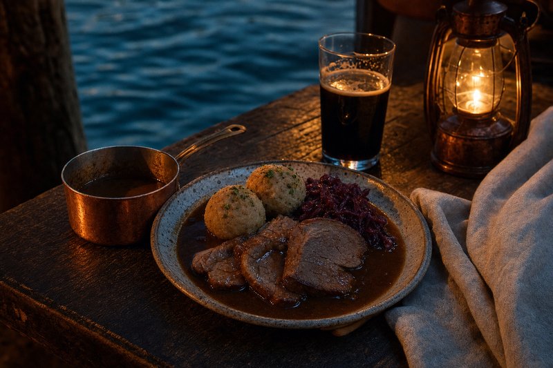 Sauerbraten mit Klößen und Rotkraut auf dunklem Holz, daneben ein Glas dunkles Bier (mit AI erstelltes Bild)