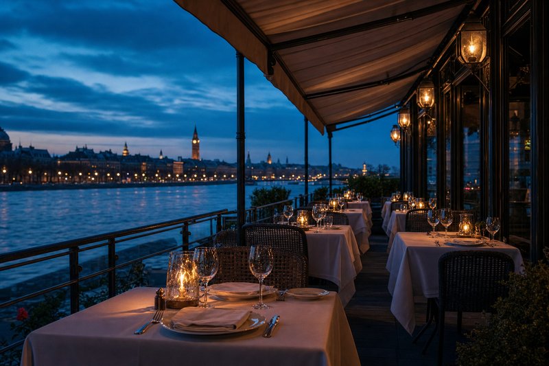 Restaurantterrasse am Elbufer zur blauen Stunde, gedeckte Tische über dem Wasser (mit AI erstelltes Bild)