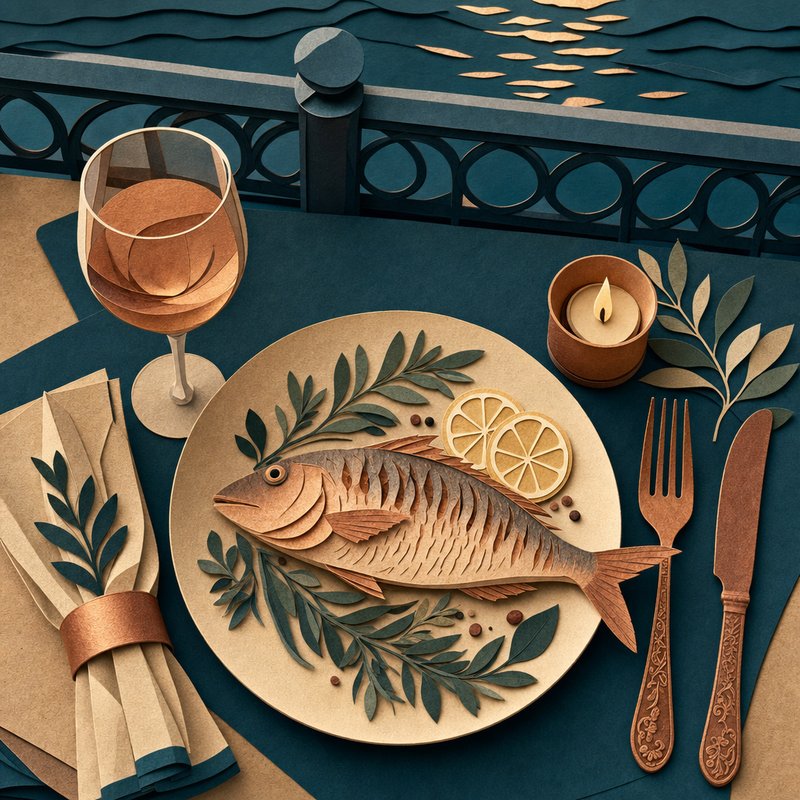Gedeckter Tisch von oben mit Fischteller, Weinglas und Serviette, dahinter ein Flussgeländer