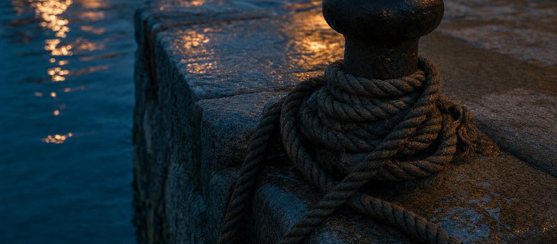 Aufgerolltes nasses Festmacherseil an einem gusseisernen Poller auf der Kaikante (mit AI erstelltes Bild)