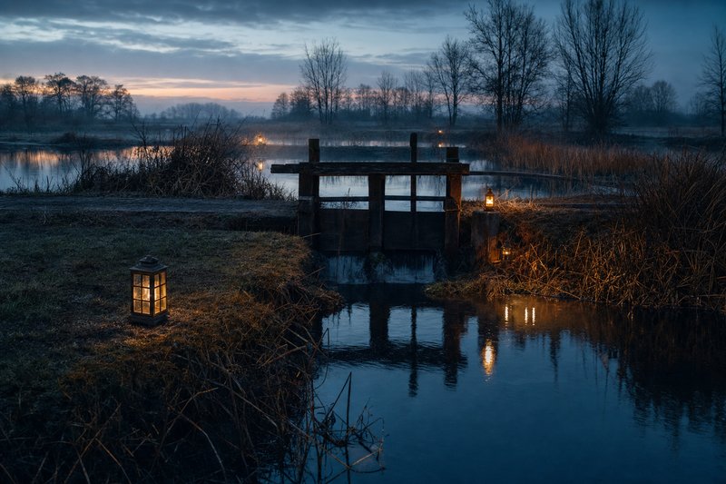 Kette flacher Karpfenteiche im Morgenlicht, dazwischen Grasdämme und Schilfgürtel (mit AI erstelltes Bild)