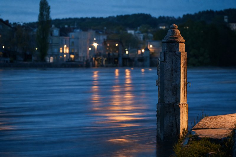 Ein verwitterter steinerner Pegel am Wasserrand, die Strömung zieht in langen Streifen vorbei (mit AI erstelltes Bild)