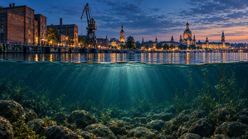Blaue Stunde an der Elbe: links der Hafen mit Portalkran und Lagerhallen, rechts die beleuchtete Altstadtsilhouette, darunter der Blick unter die Wasseroberfläche. (mit AI erstelltes Bild)