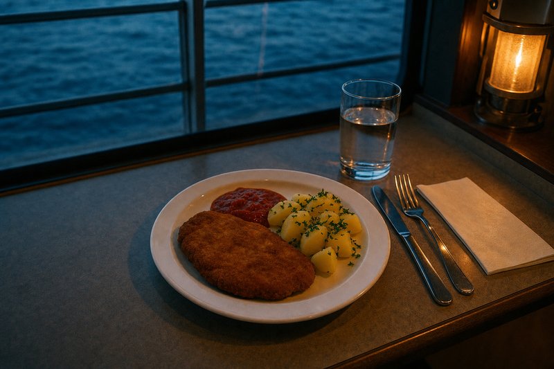 Schlichter Kantinenteller mit paniertem Schnitzel, Tomatensoße und Petersilienkartoffeln (mit AI erstelltes Bild)