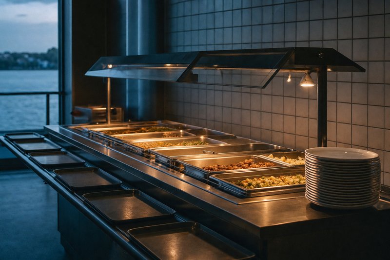 Ausgabetheke einer Kantine mit Edelstahlwannen, Tellerstapel und Tablettschiene (mit AI erstelltes Bild)