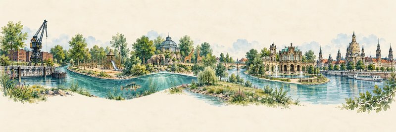 Illustrierte Flussroute mit Stationen entlang des Ufers