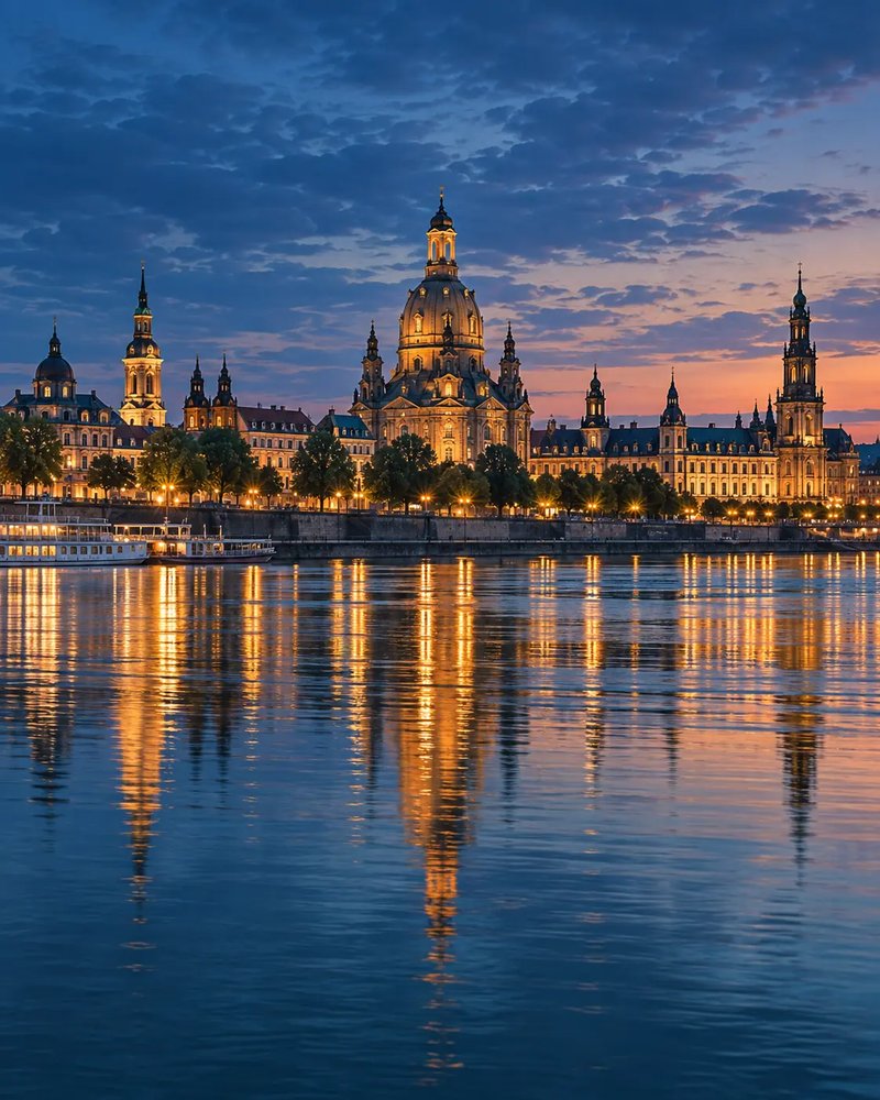 Die Frauenkirche über dem Elbufer zur blauen Stunde (mit AI erstelltes Bild)