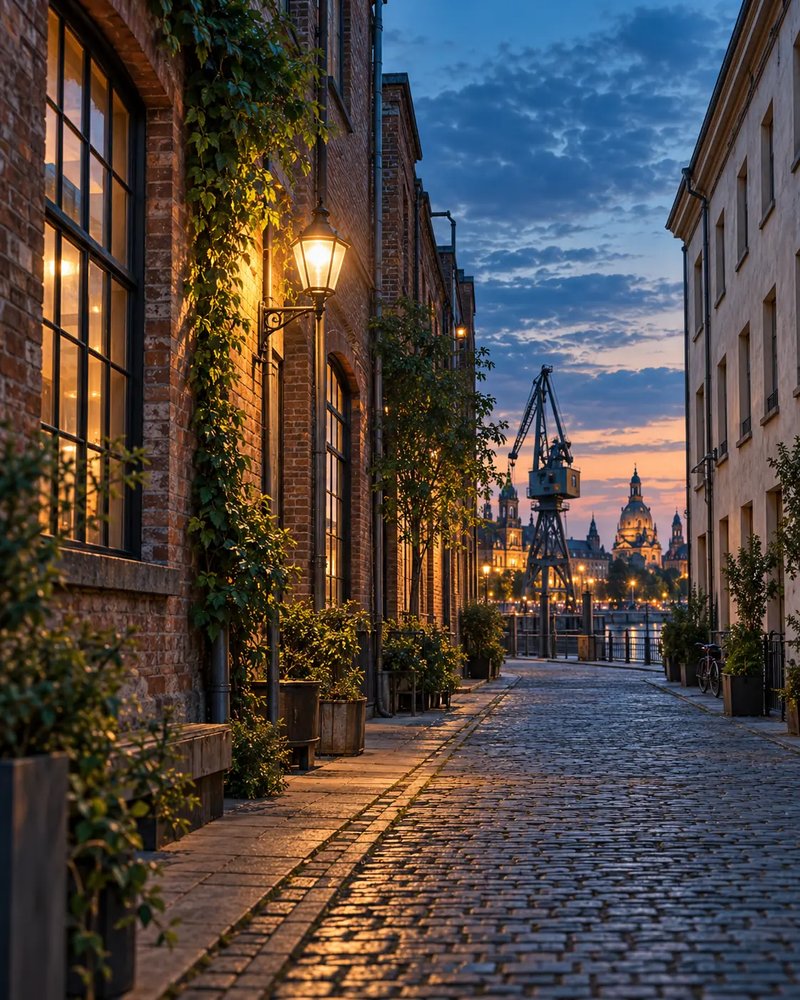Kopfsteingepflasterte Gasse mit Laterne, im Hintergrund ein Hafenkran (mit AI erstelltes Bild)