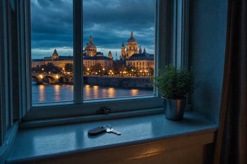 Blick aus einem Hotelfenster zur blauen Stunde auf Fluss und beleuchtete Altstadt (mit AI erstelltes Bild)