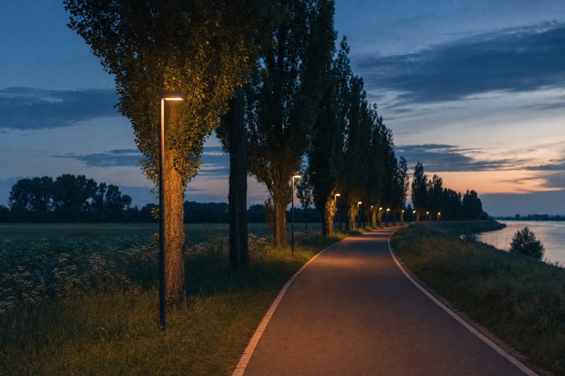 Ein Radweg auf der Uferböschung eines breiten Flusses in der Dämmerung, Wiese auf der einen, Wasser auf der anderen Seite (mit AI erstelltes Bild)