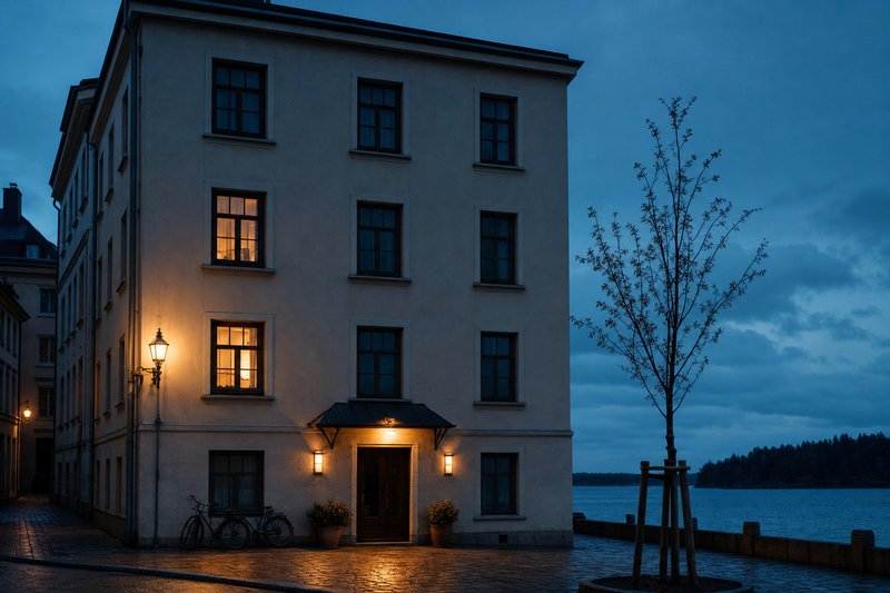 Schlichte Pensionsfassade in einer ruhigen Straße, zwei warm beleuchtete Fenster (mit AI erstelltes Bild)