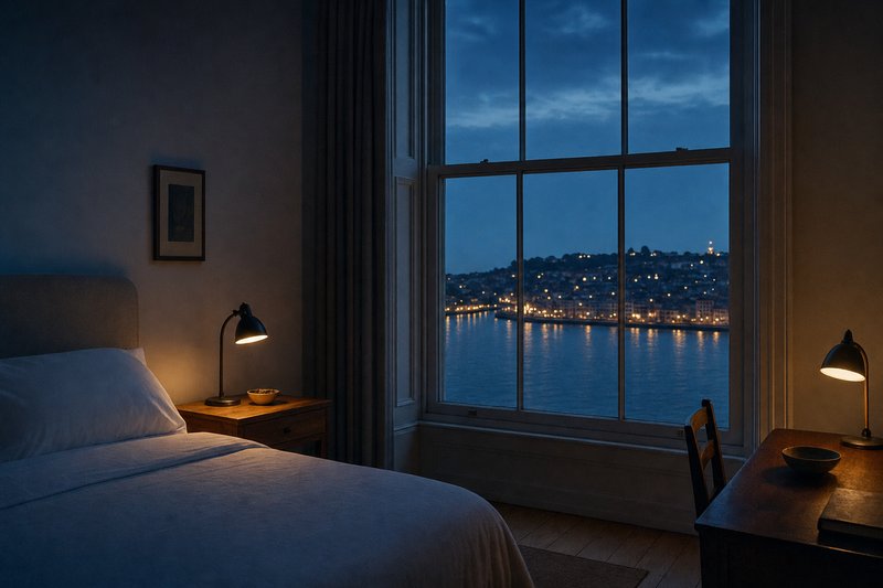 Einfaches Gästezimmer zur blauen Stunde, hohes Fenster mit Blick auf den Fluss (mit AI erstelltes Bild)