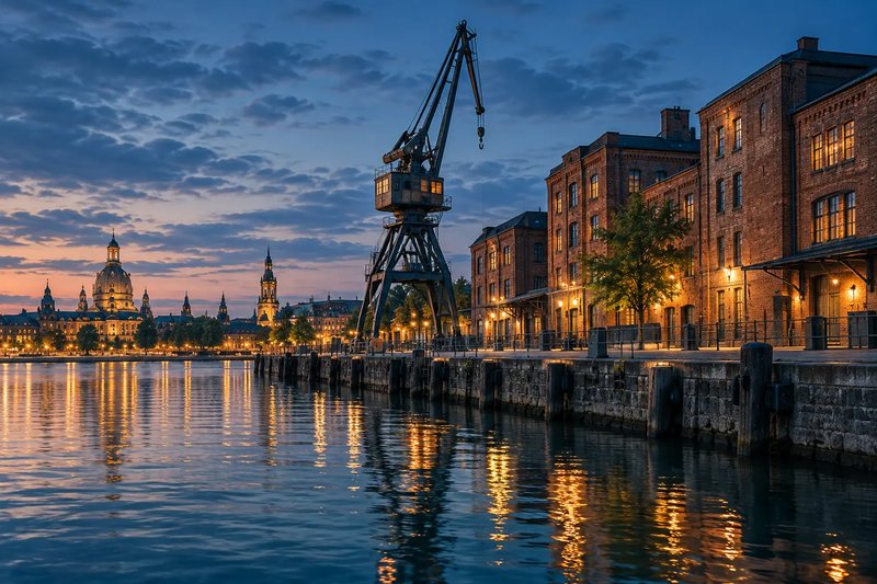 Portalkran und Klinkerbauten am Hafenbecken (mit AI erstelltes Bild)