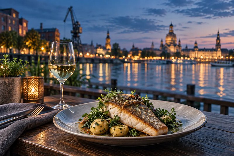 Gebratenes Fischfilet mit Kartoffeln auf einem Teller an einem Tisch am Wasser, dahinter die beleuchtete Altstadt (mit AI erstelltes Bild)