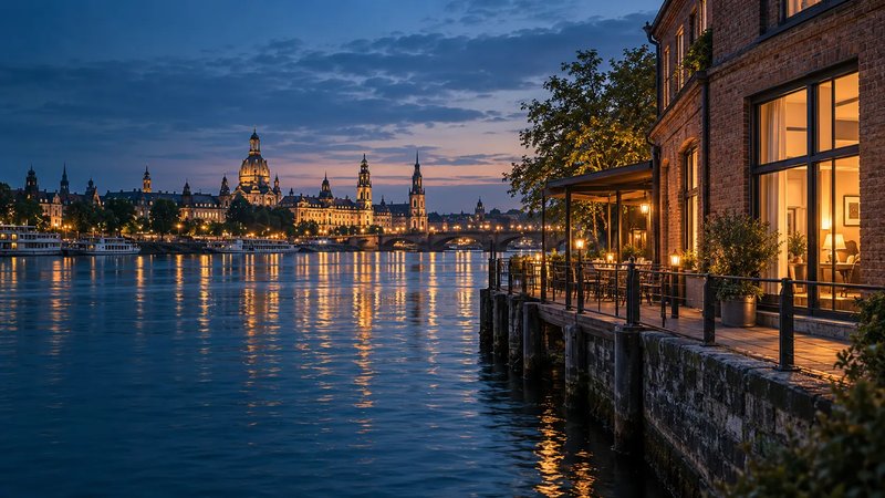 Haus mit warm beleuchteten Fenstern am Elbufer, gegenüber die Altstadtsilhouette (mit AI erstelltes Bild)