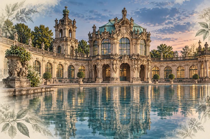Der Zwinger als gezeichnete Ansicht mit Blattbordüre, gespiegelt im Wasserbecken